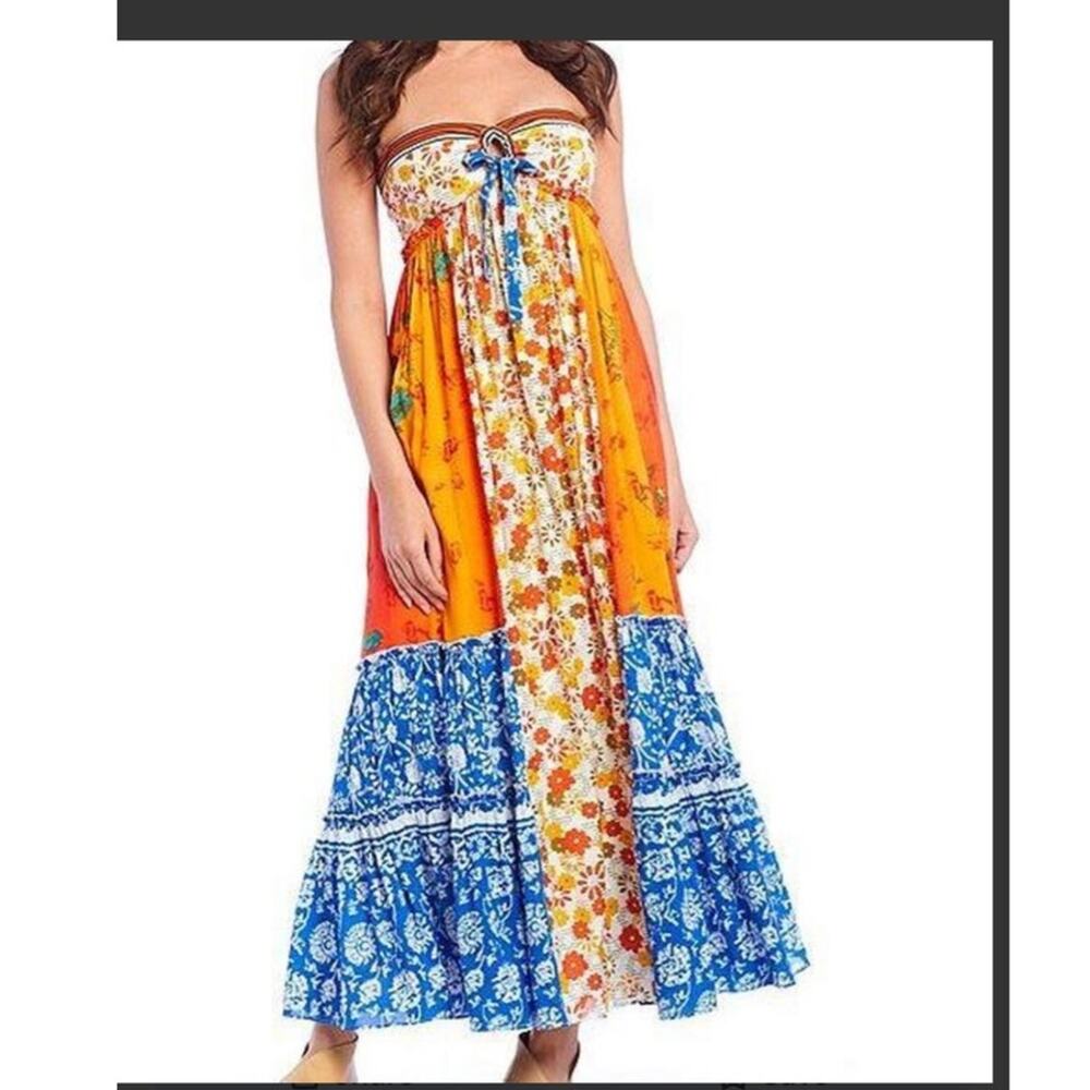 Free People Golden Dreams Strapless Maxi Dress Blue & Orange Floral small